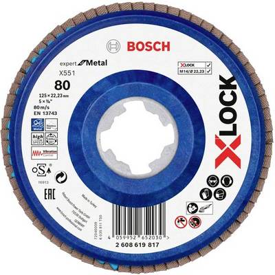 'X-LOCK Bosch Cutting Disc for Metal, 125 x 22.23 mm, Type X551. Max. 80 m/s, compatible with M14/9 thread. EN 13743 certified.'