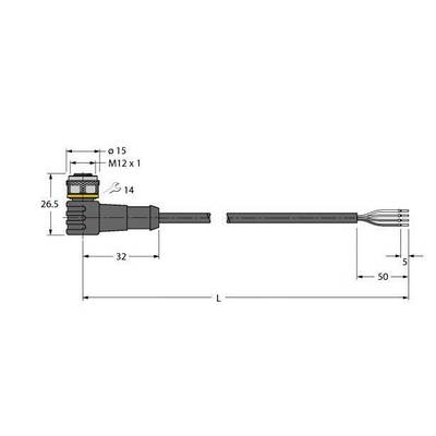 Technical Drawing of an M12 Connector with Detailed Dimensions. Plug on the left, Cable on the right side. Dimensions in Millimetres.