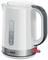 A white Bosch kettle with a grey scale on the side to indicate the water level.