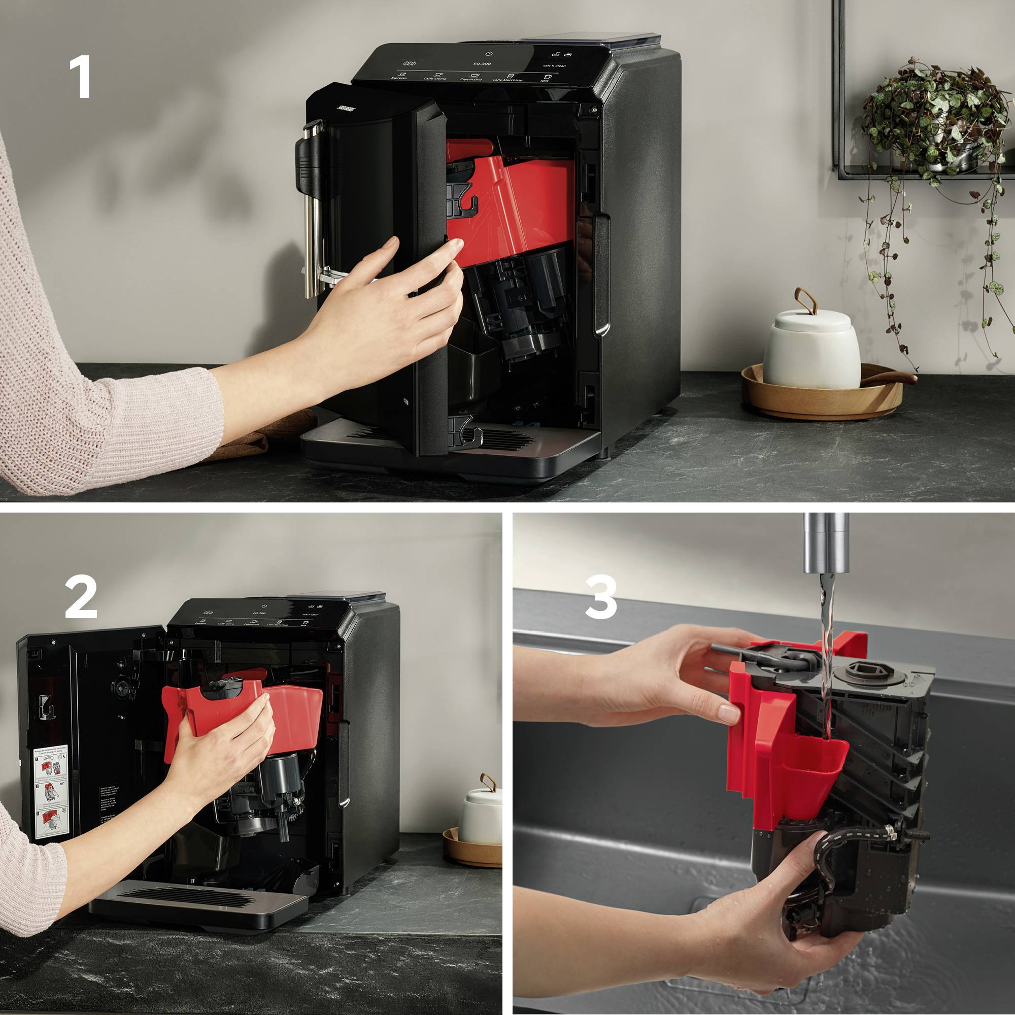 A person removes a red-black component from an opened fully automatic coffee machine. The second image shows the component being removed, and the third image shows cleaning the component under a tap.