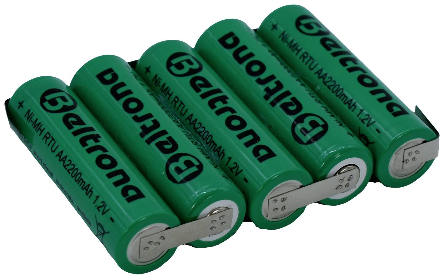 Four green rechargeable AA batteries from 'Beltrona' lying side by side, showing metal contacts.