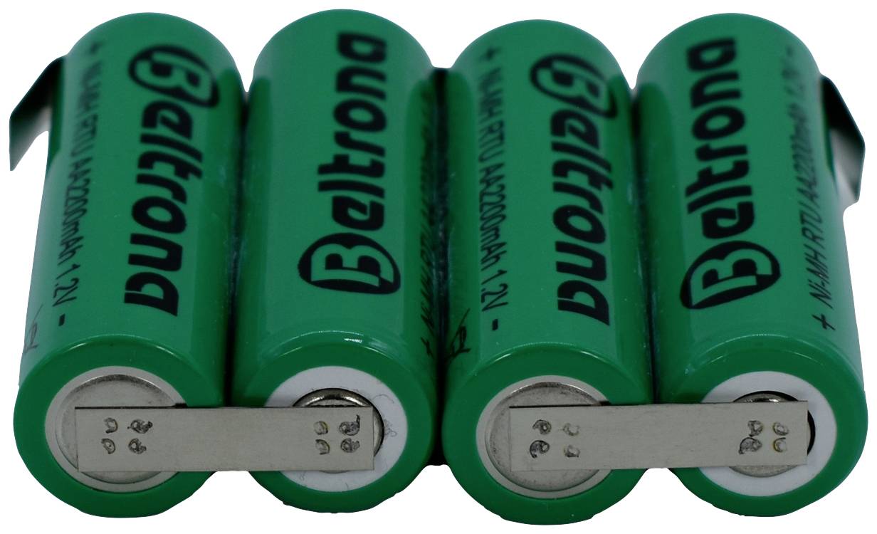 Four green batteries from the Beltrona brand, arranged side by side and connected by metal strips, on a white background.