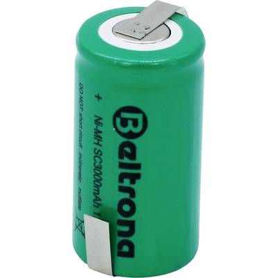 Green rechargeable Beltrona NiMH battery with 3000mAh capacity and metal contacts, shown standing upright.
