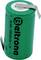 Green cylindrical rechargeable battery with label 'NI-MH D9000mAh 1.2V', silver contacts at the top and side.