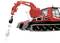 A red snow vehicle with tracks and a crane attachment lifting a hook. It is used for recovery or snow clearance.