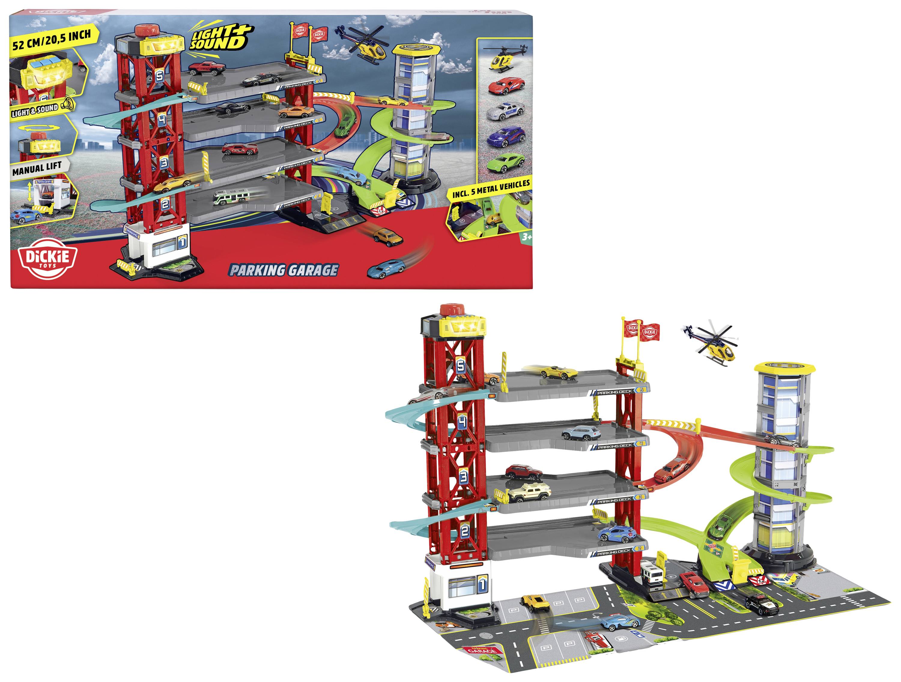 Multi-storey toy car park with lifts and ramps. Includes vehicles and helicopters. Packaging shows the complete set.