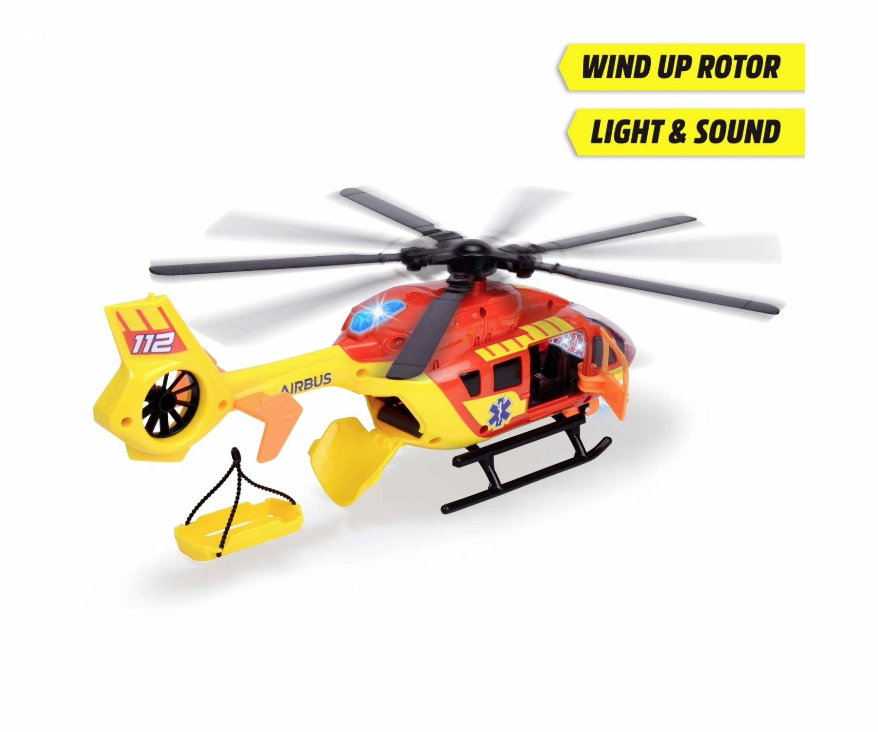 A yellow and red toy rescue helicopter with light and sound features, marked with '112' and featuring a wind-up rotor.
