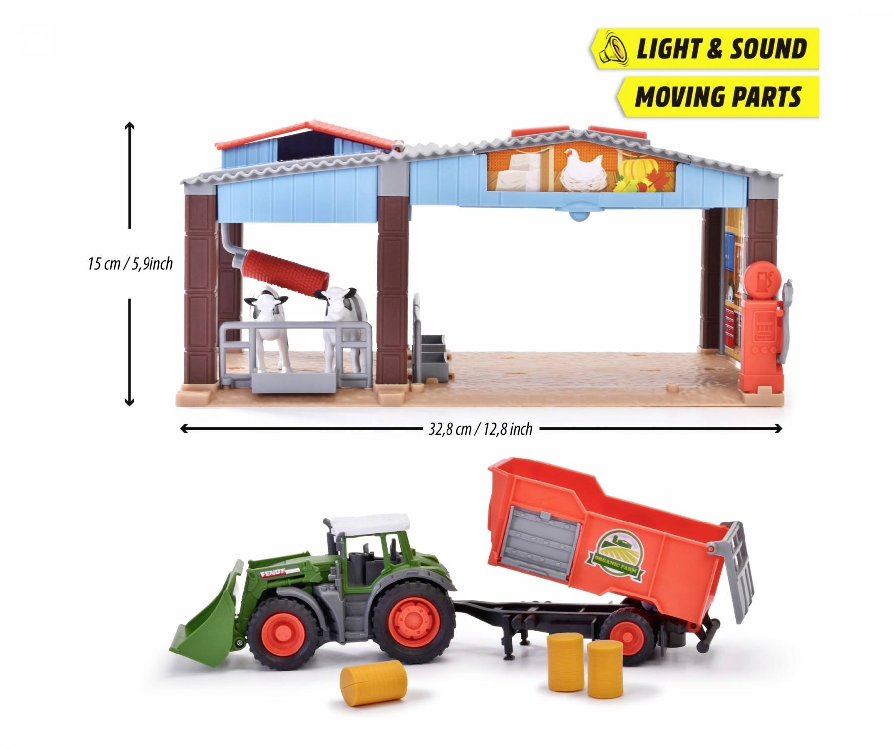 Toy Farm Set with Tractor and Moving Parts. Labelled: 'Light & Sound, Moving Parts'. Dimensions stated: 32.8 cm x 15 cm.