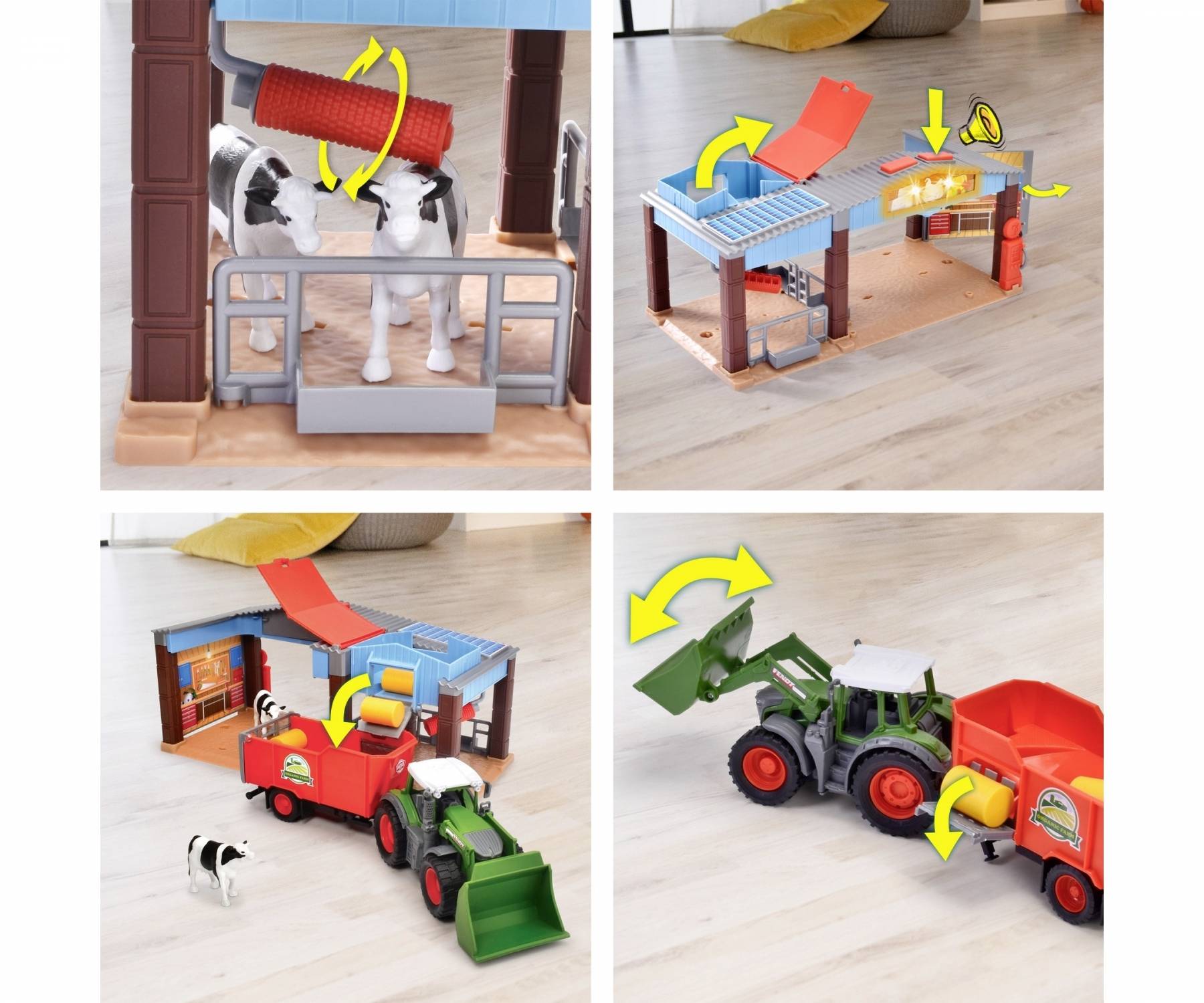 Four play scenes with toy farmyard: Cows and tractor lifting feed; Building with rotating fan; Tractor with tipping trailer.