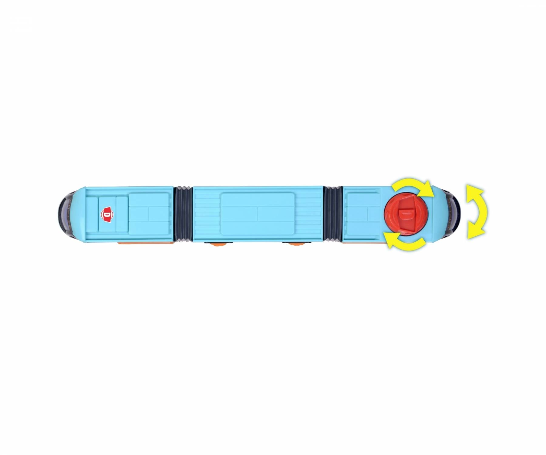A long, blue toy with a red, rotatable element on the right-hand side. Yellow arrows indicate the direction of rotation.