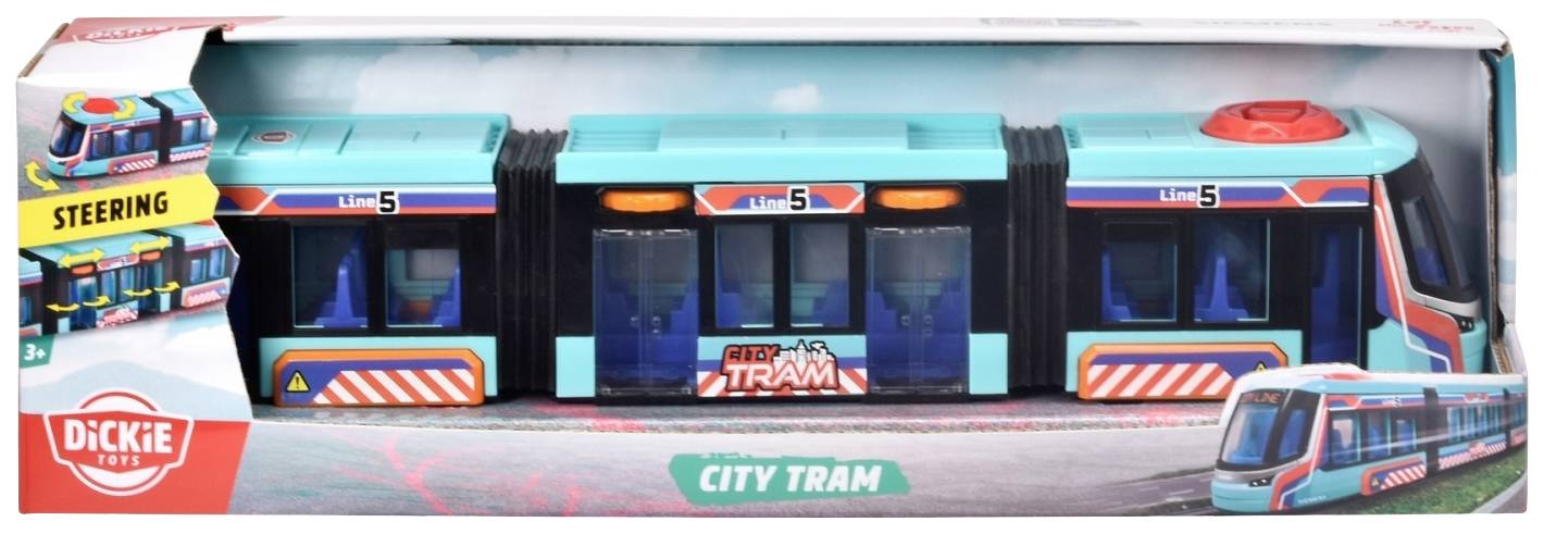 Packaging of a toy tram model with the inscription 'CITY TRAM'. The tram 'LINE 5' is shown in blue with red details.