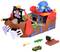 Toy pirate ship with a kraken on board, pirate flag, small green toy car bottom right. Colourful and detailed.