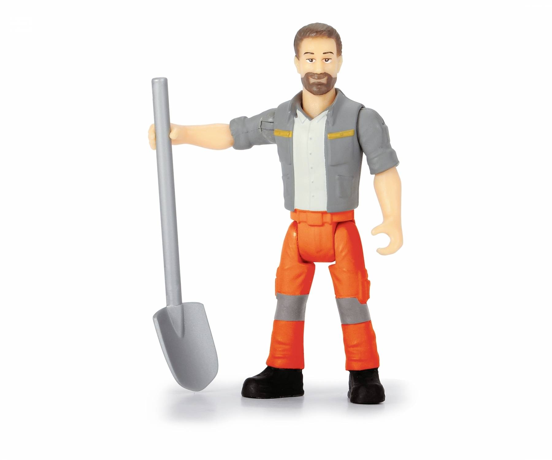 A toy figure in a construction worker outfit is holding a shovel. The figure is wearing a grey jacket, orange trousers and black shoes.