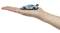 A small blue toy racing car sits on an outstretched hand. The car has the number '02' on its side.