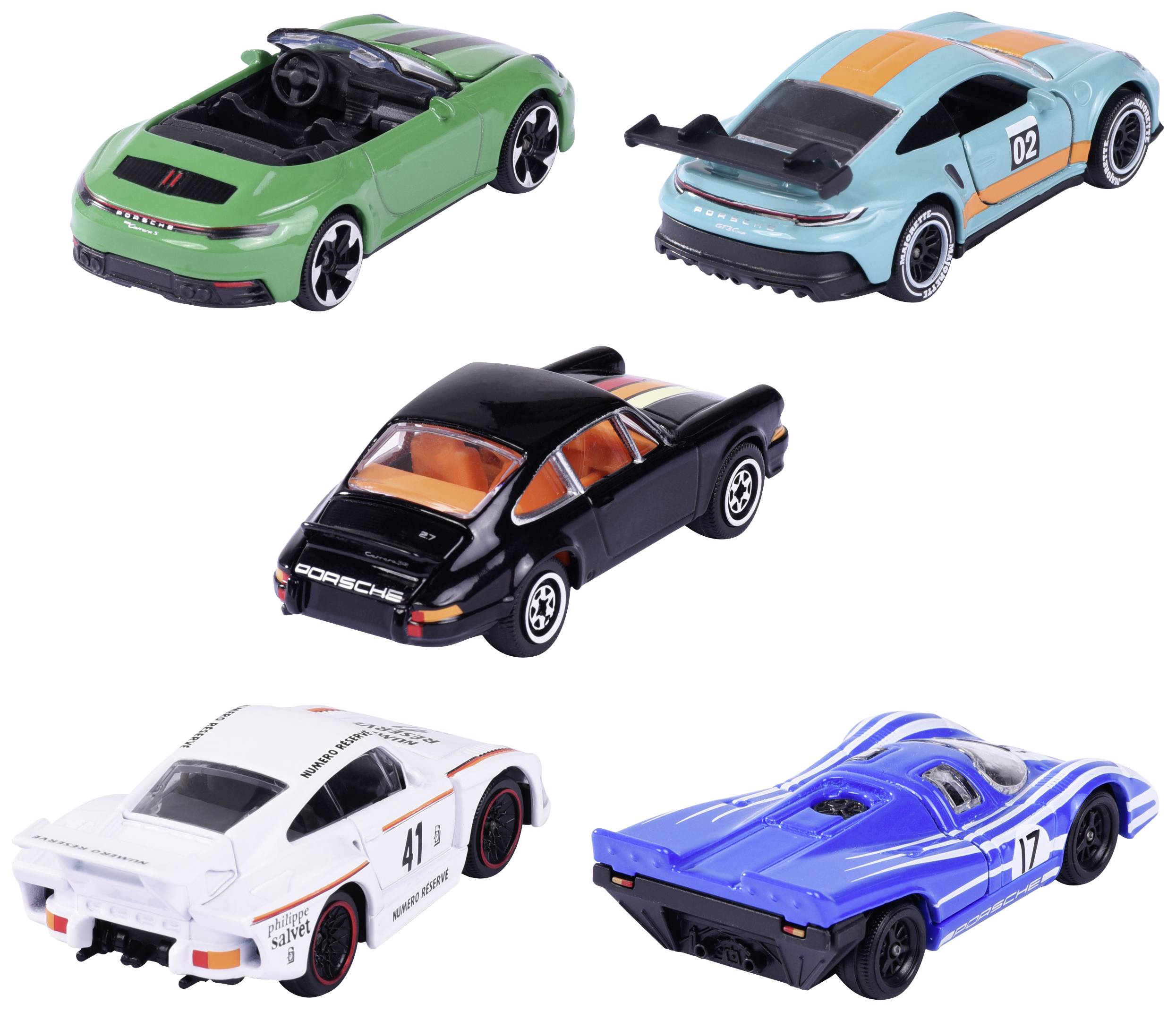 Five toy cars in various colours: green, turquoise, black, white and blue, arranged on a white background.