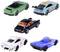 Five toy cars in various colours: green, turquoise, black, white and blue, arranged on a white background.
