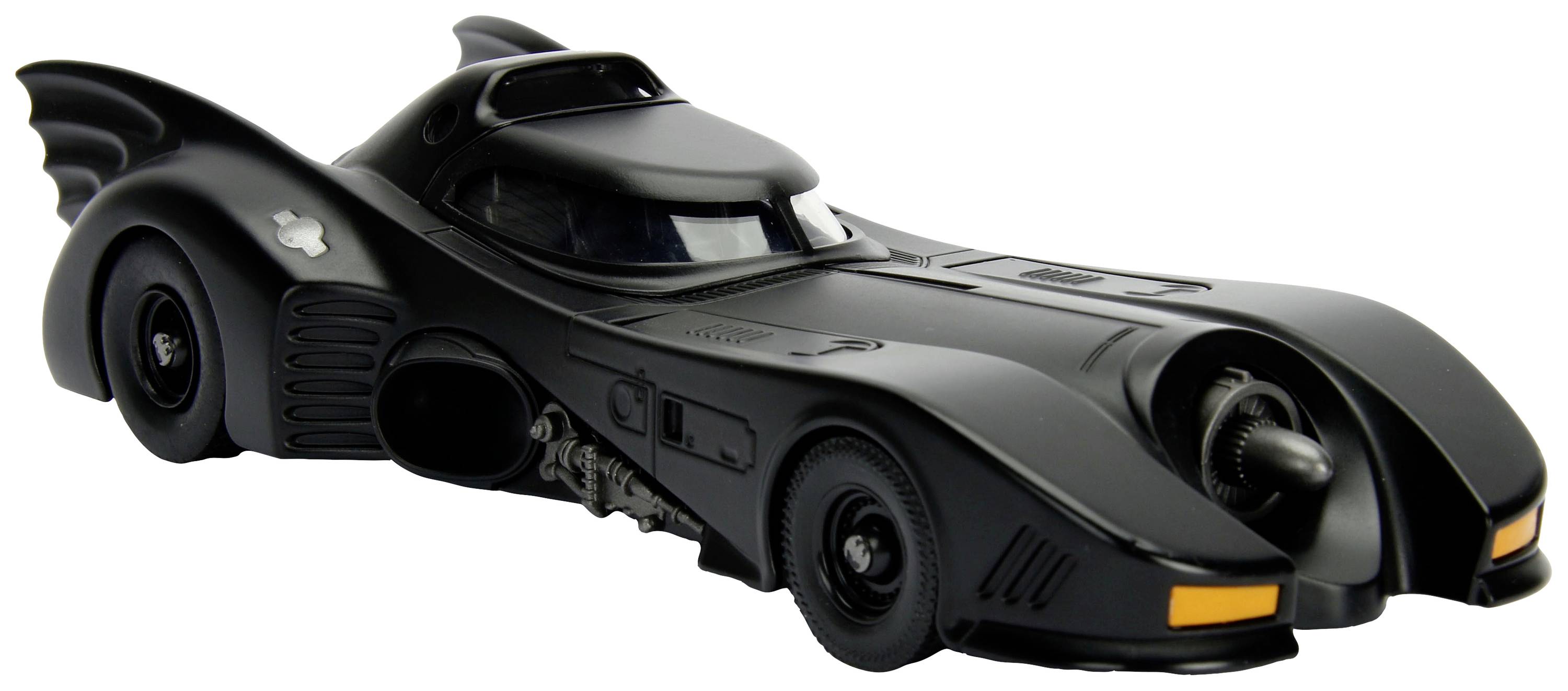Black, futuristic car with fins, well-known from comics and films, side view on a white background.