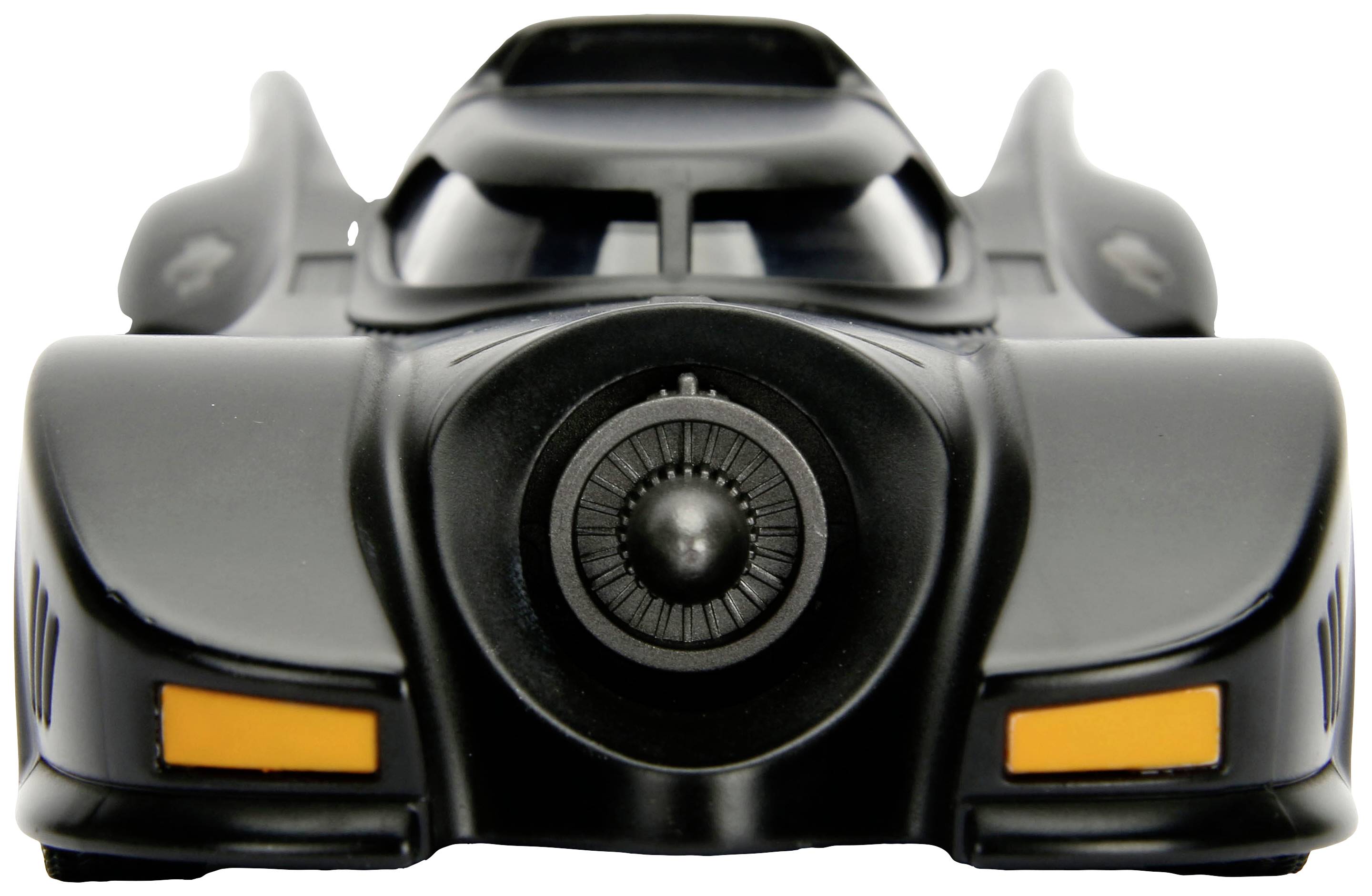 A black toy car with a futuristic design and orange details at the front, central ventilation grille visible.