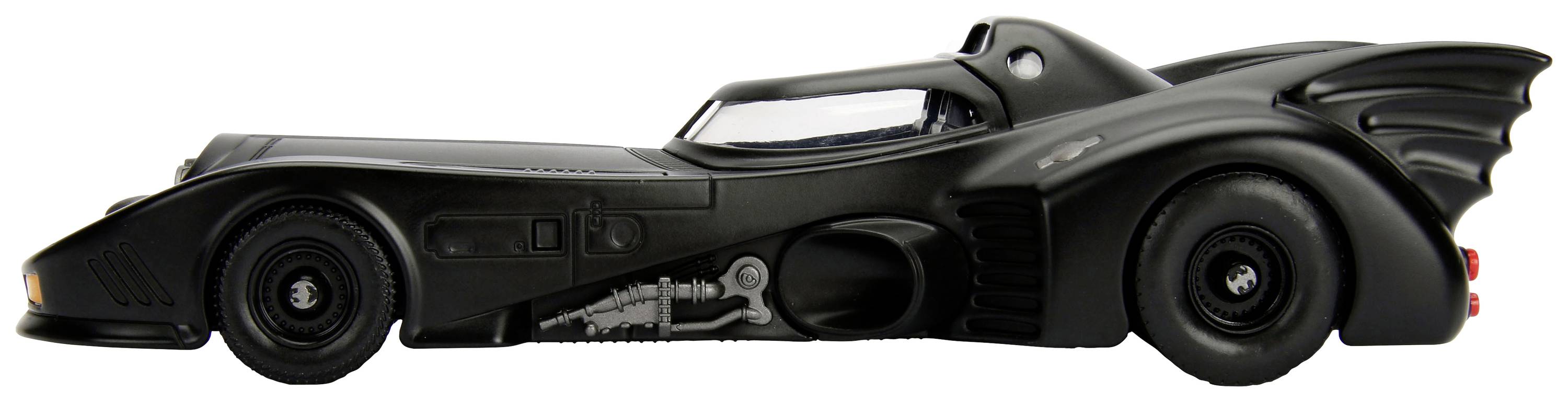 A black model car with a futuristic design and wings at the rear, reminiscent of a famous vehicle from a film.