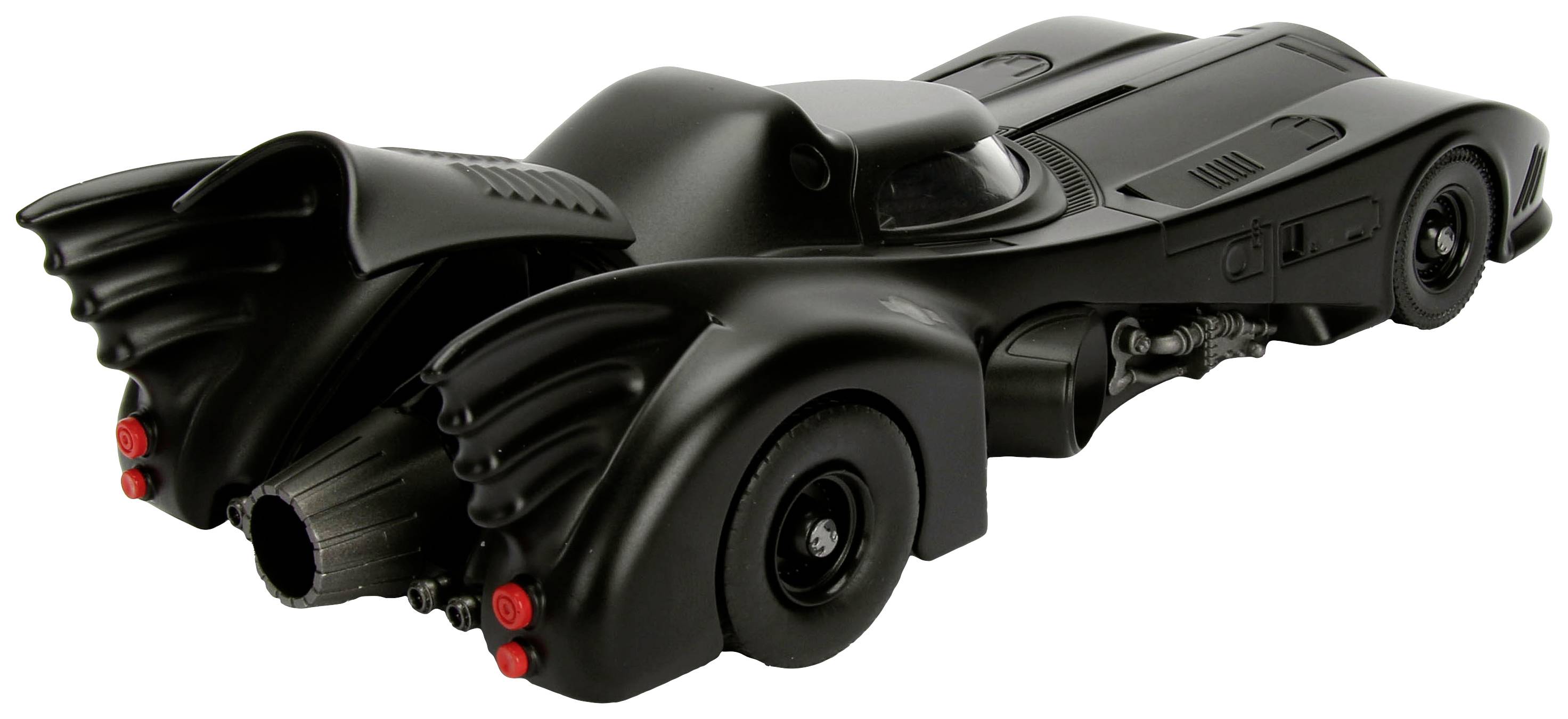 Toy model of a black, futuristic car with prominent rear wings and a highly detailed bodywork.