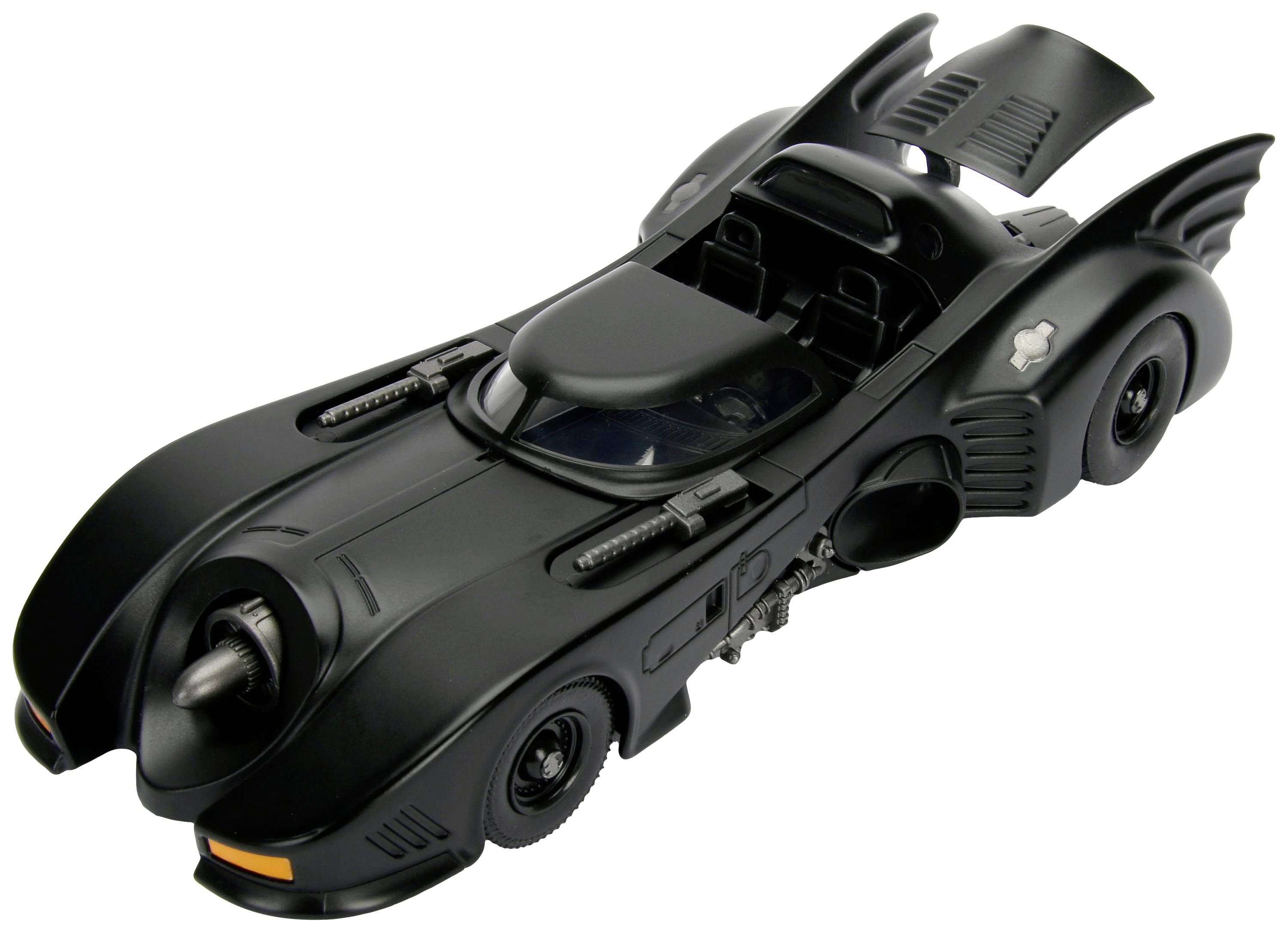 Black futuristic car with wings and a cockpit. It has an aerodynamic design and resembles a superhero vehicle.