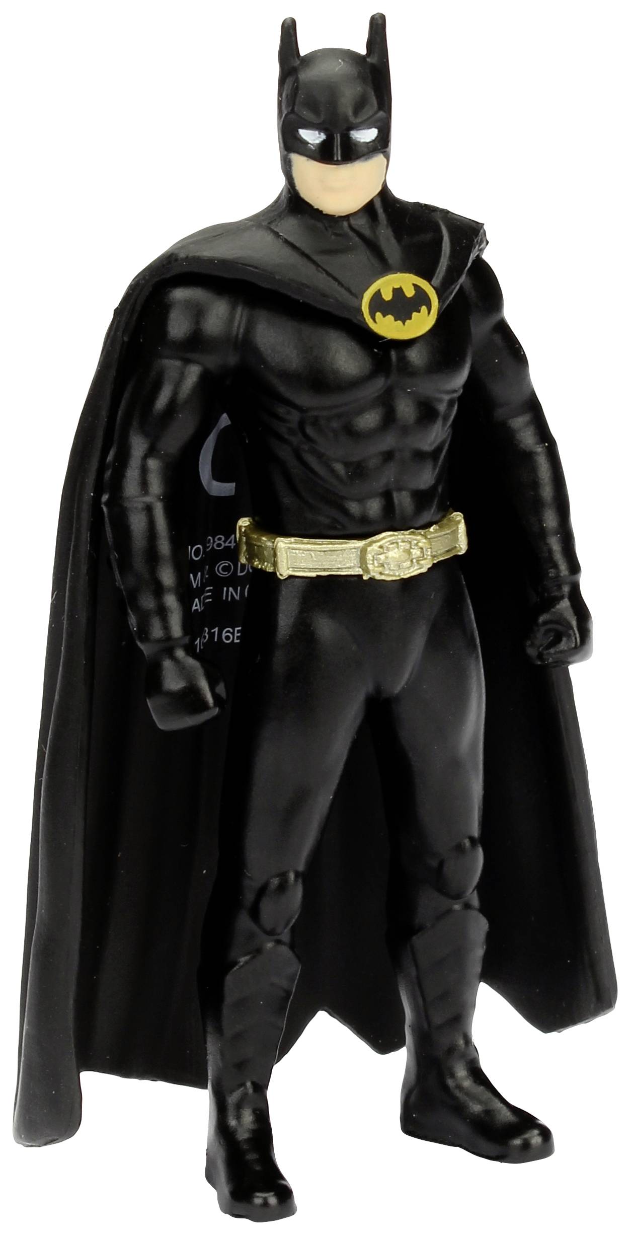 A Batman action figure in a classic, black costume with cape and yellow belt stands upright.