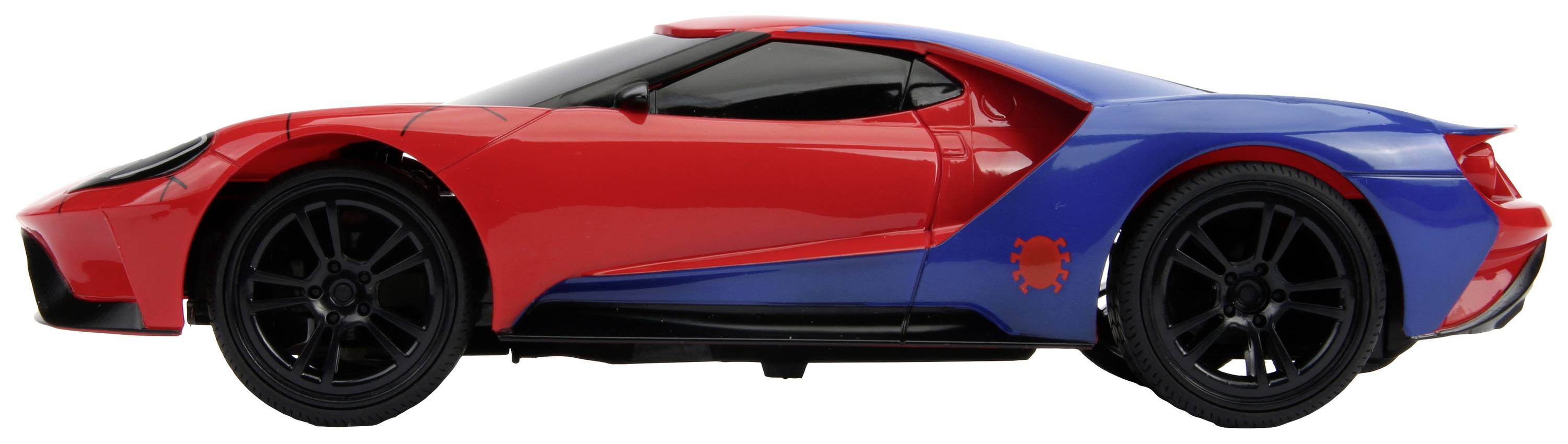 Red and blue sports car from the side, with black emblem on the door, standing on white background.