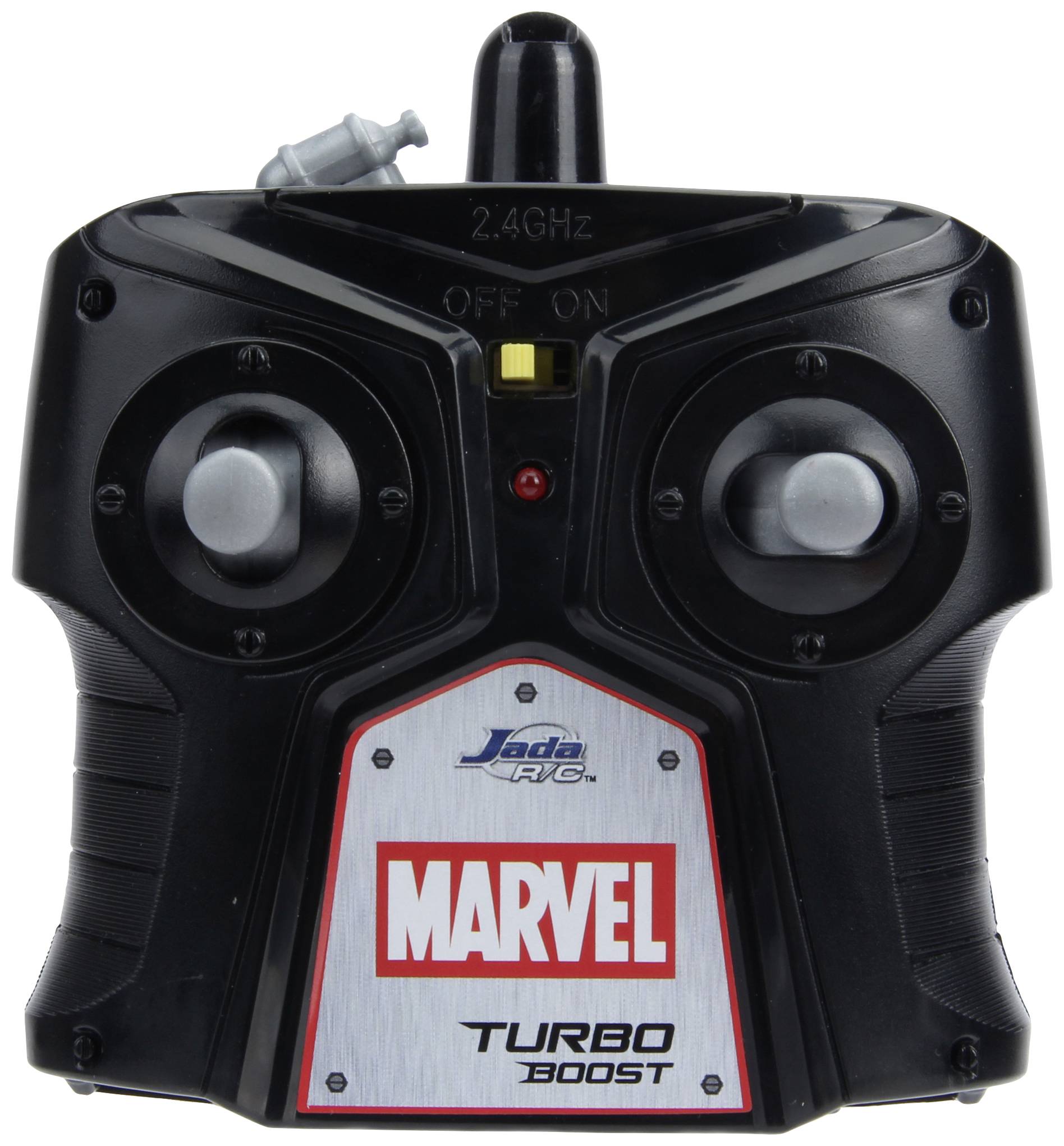 Remote-controlled toy in black with 2.4GHz inscription, red 'Marvel' logo, Turbo-Boost text, and two control buttons.