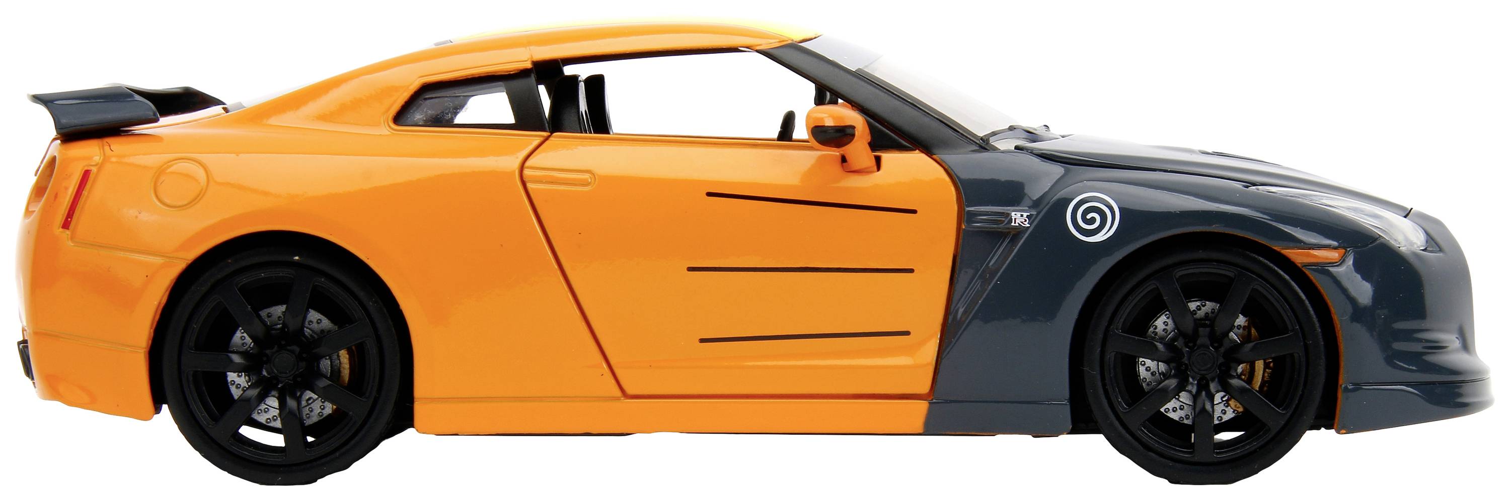 A sporty toy car in orange and dark grey with black wheels. The car has an aerodynamic spoiler.