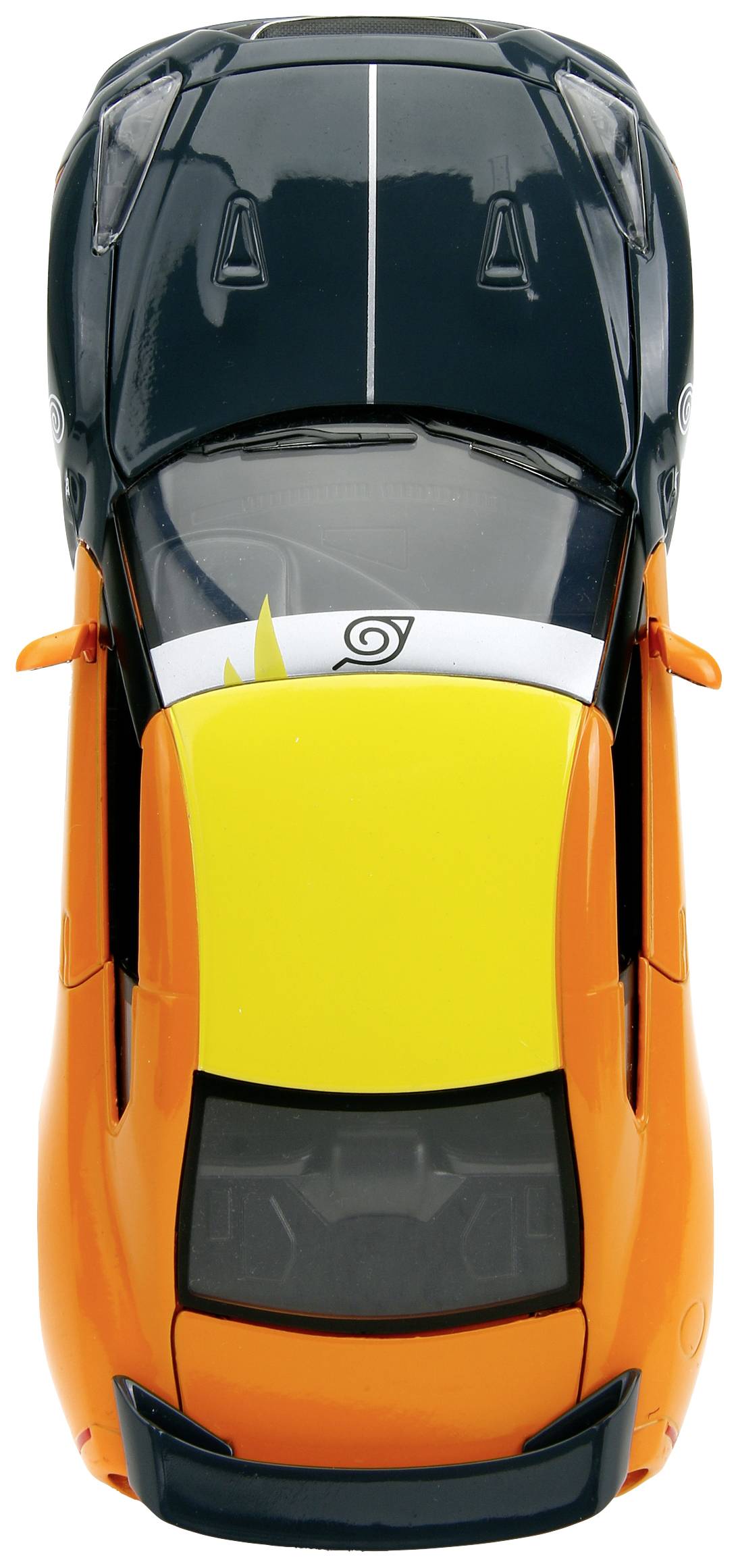 A model car from above, black with an orange spoiler and roof design.