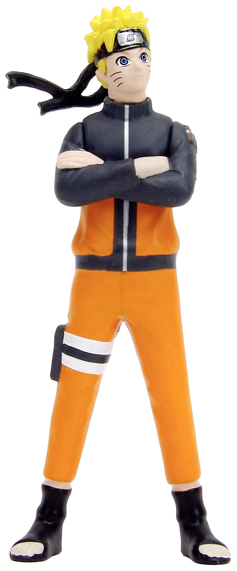 An anime character with yellow hair, a headband, and orange clothing stands with their arms crossed.