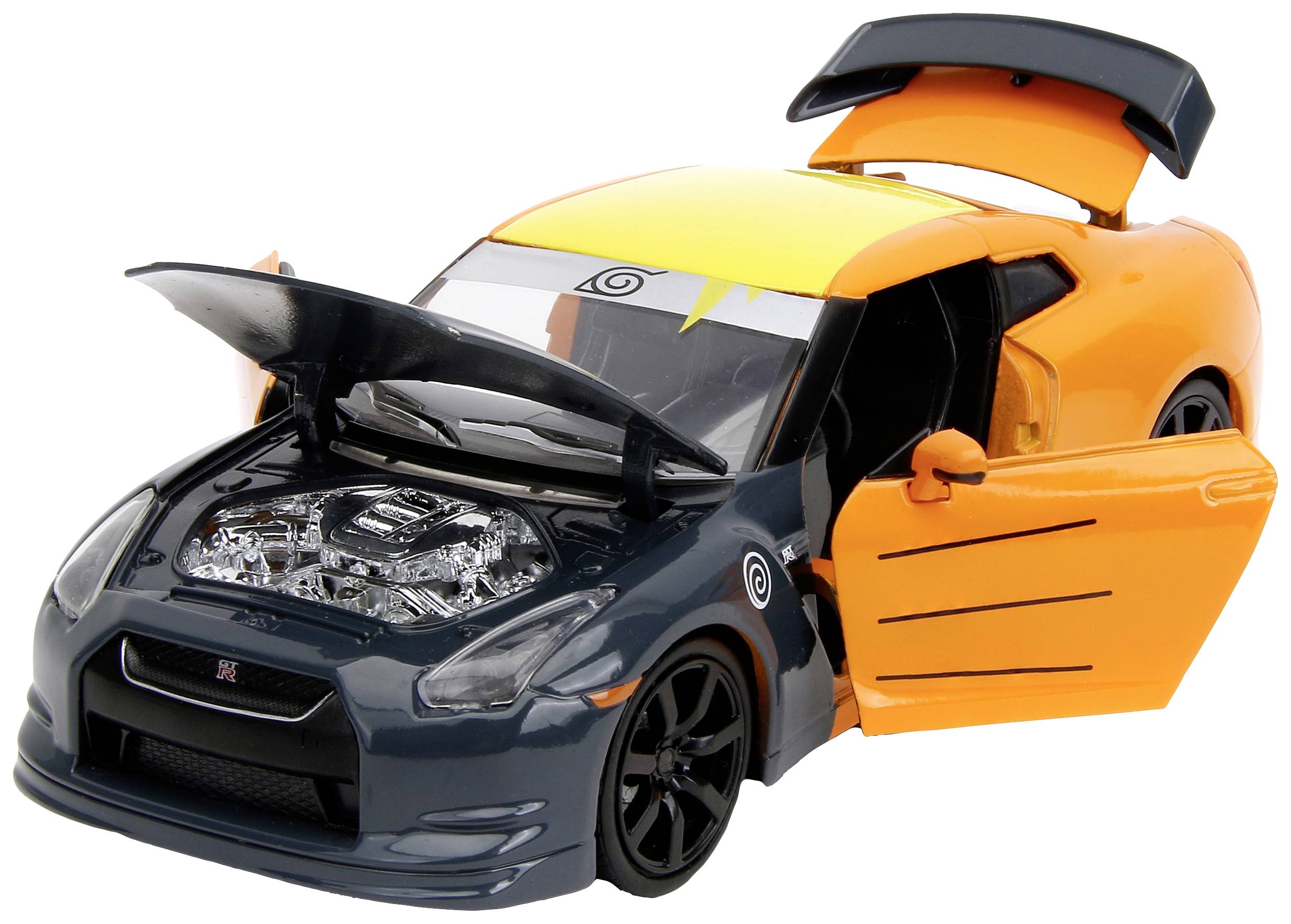 A model car with an open boot and doors. The paintwork is orange with yellow accents. The engine inside is visible.