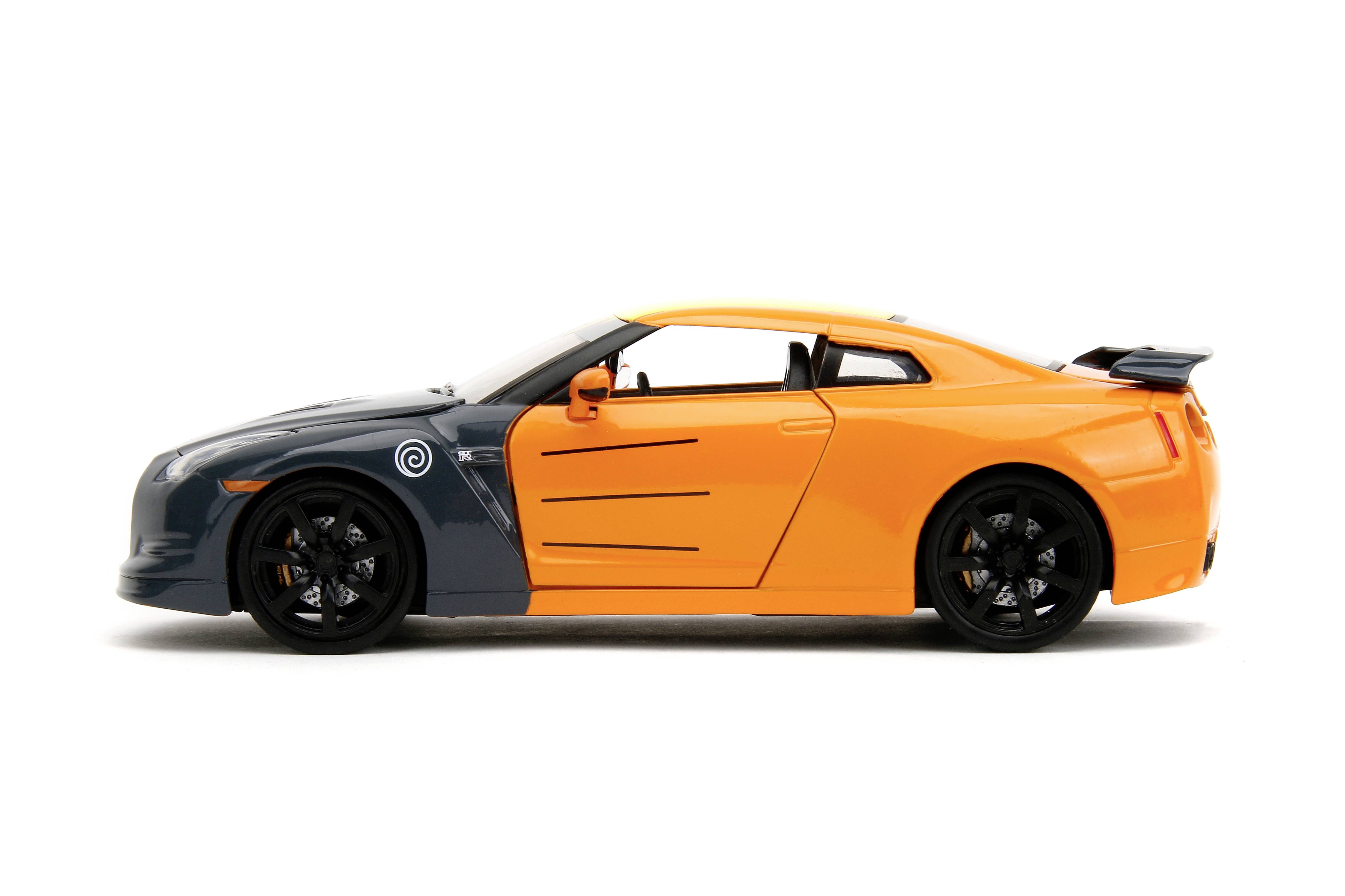 An orange and black sports car in profile on a white background, with a striking design and prominent rear spoiler.