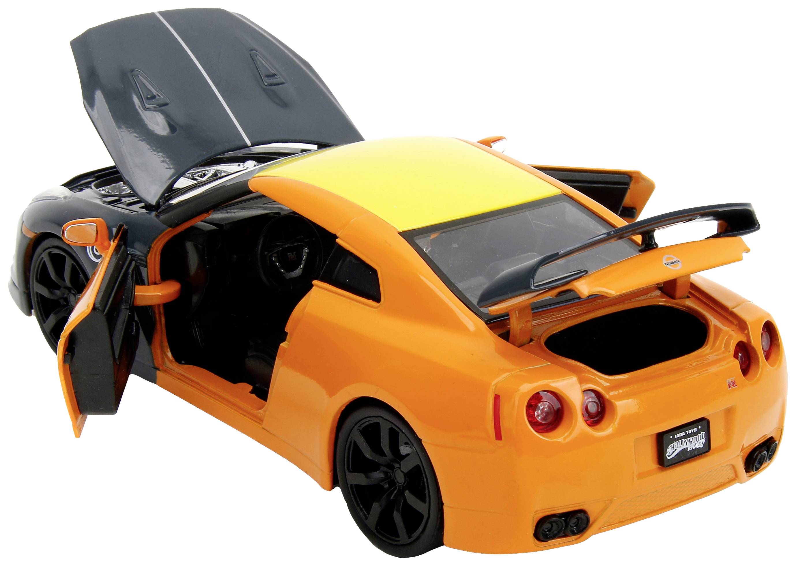 An orange and black model car with an open boot and doors, revealing the interior and bodywork details.