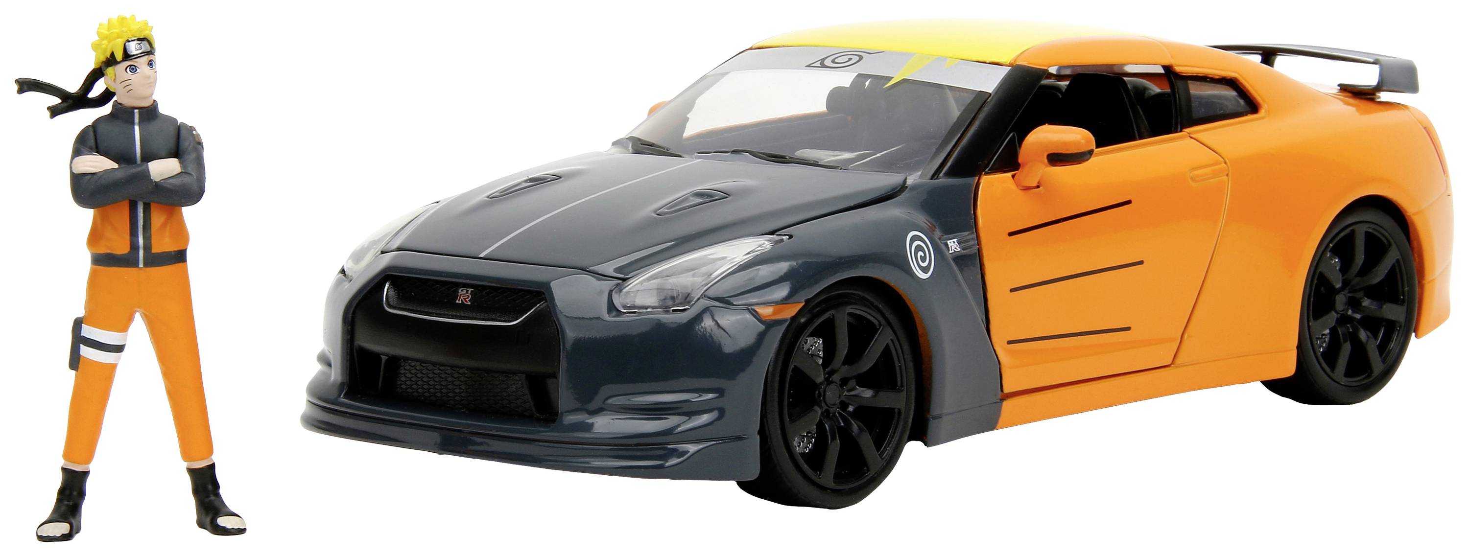 An orange and grey toy car in a sports car design sits next to a small figure wearing orange and black clothing with a headband.