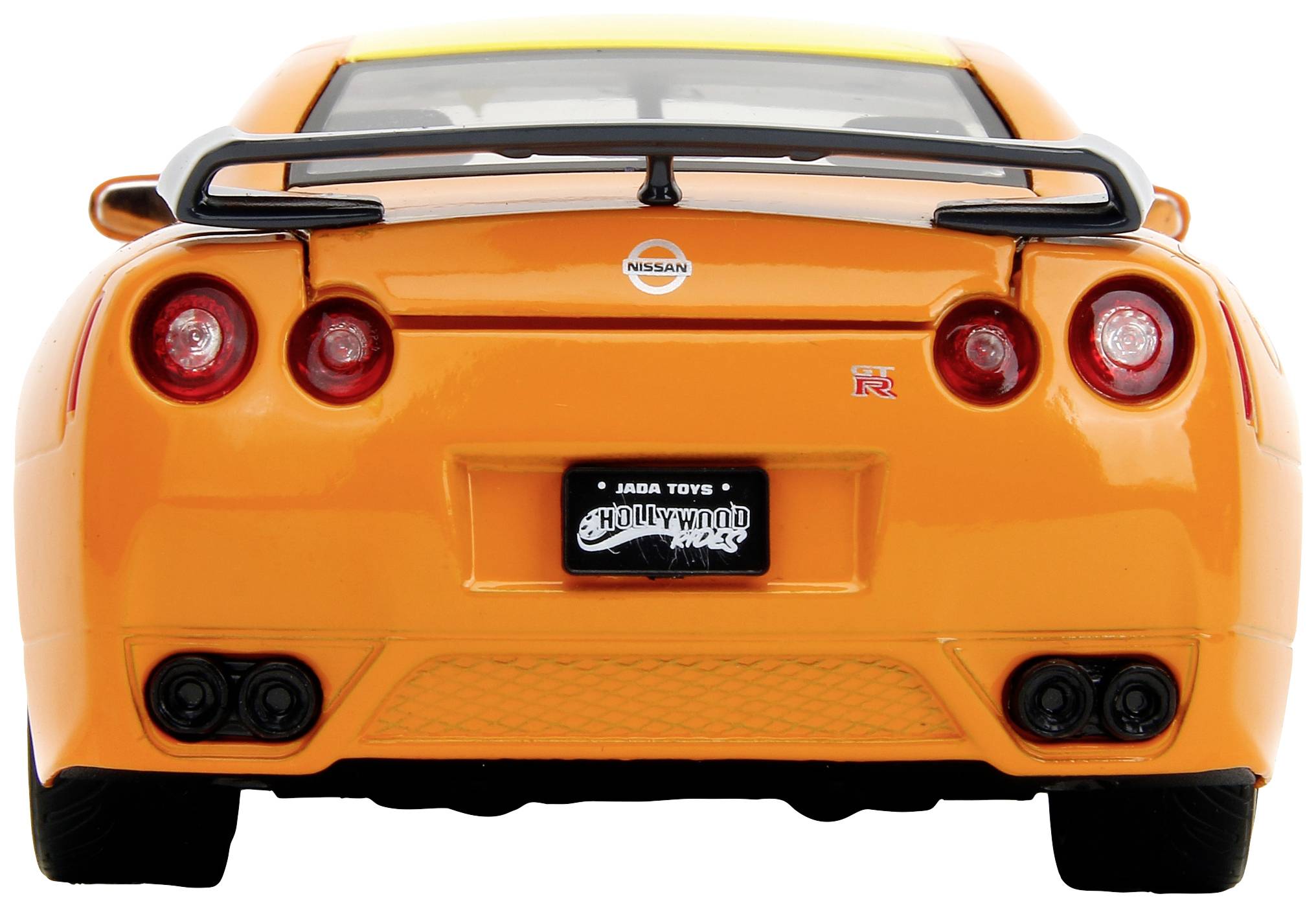 An orange car from the rear, with a spoiler and four round rear lights. The number plate reads 'Jada Toys'.