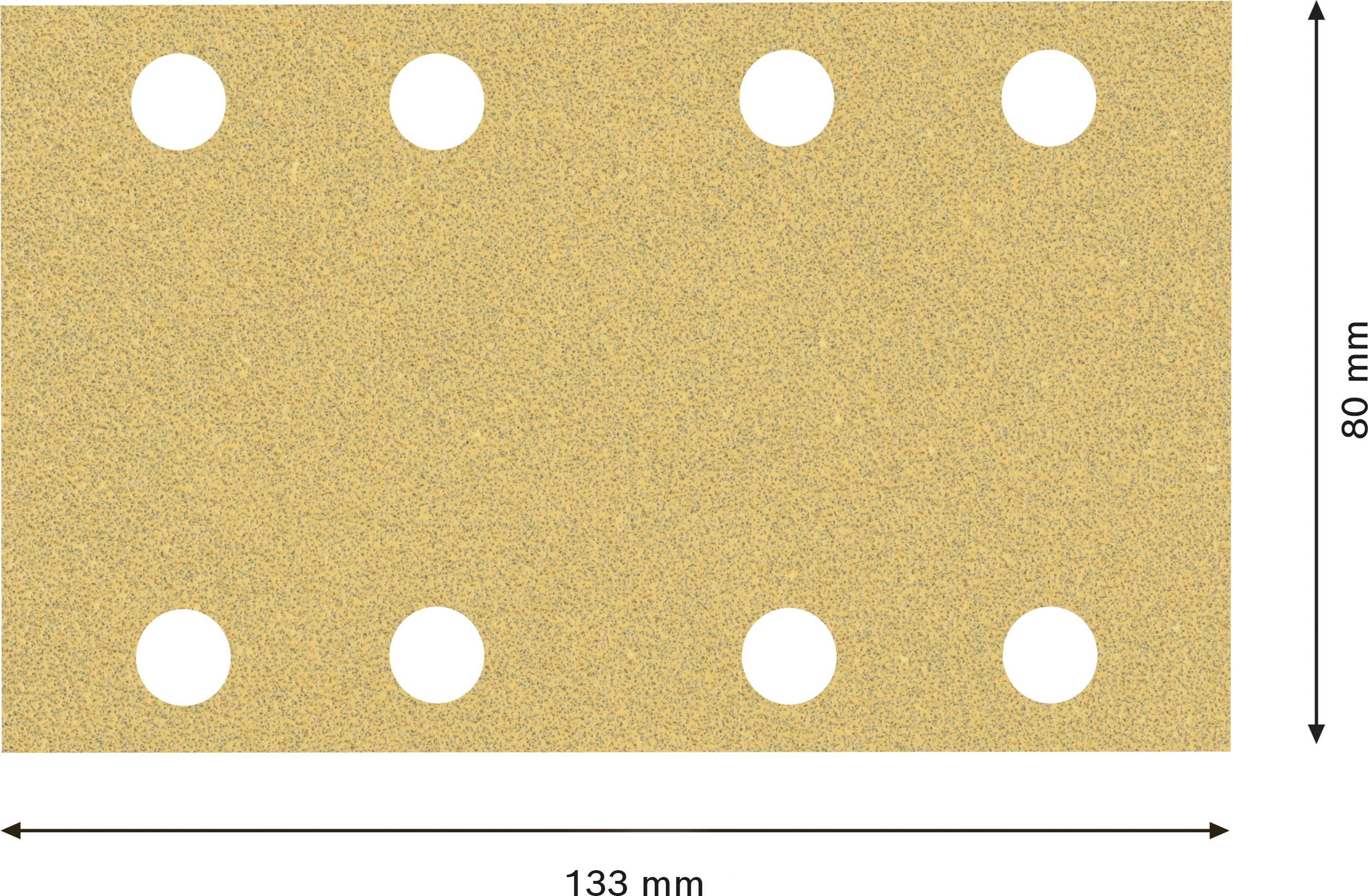 Rectangular sandpaper, 133 mm x 80 mm, with eight evenly distributed round holes.
