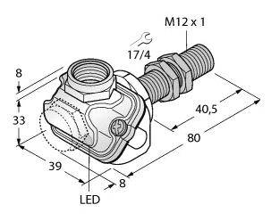 A technical diagram shows an M12 x 1 screw connection with LED display, with dimensions: 80 mm length, 33 mm height, 39 mm width.