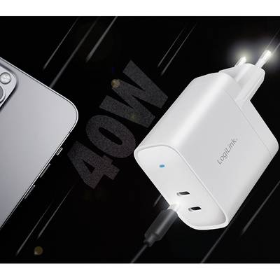 'LogiLink' fast charging adapter with 40W power next to a smartphone being charged.
