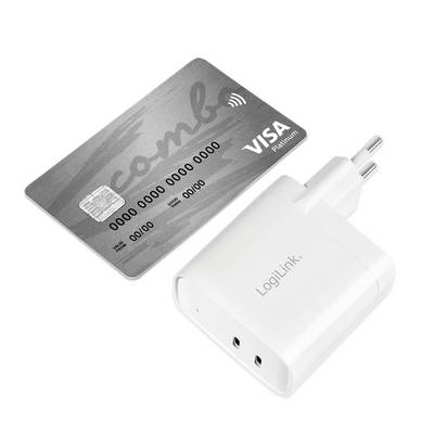 Credit card and plug socket adapter. The card has contactless payment symbols. The adapter is rectangular and white.