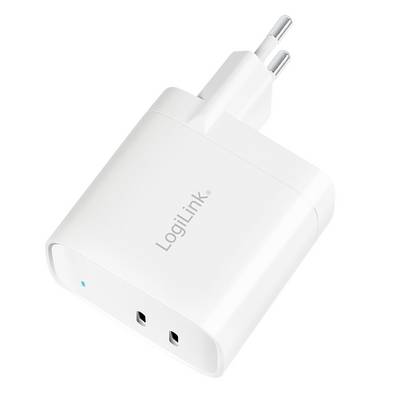 A white charger with a European plug, brand 'LogiLink', is pictured. It has two ports for power output.