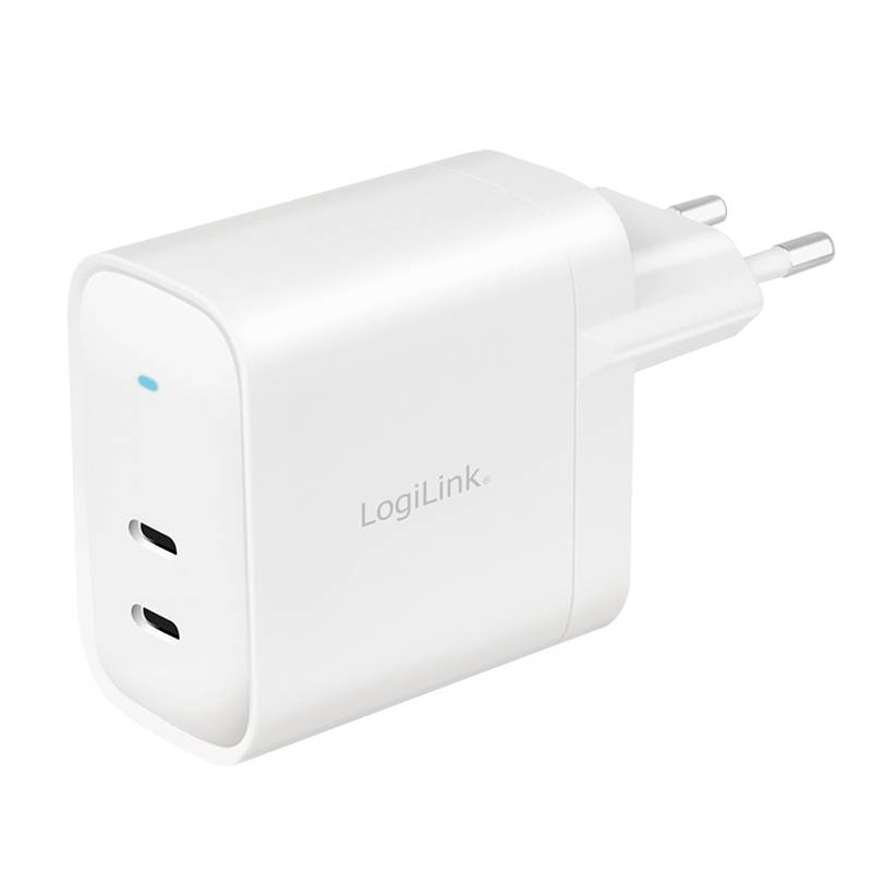 A white USB charger with two USB-C ports and European plug from the brand 'LogiLink'.