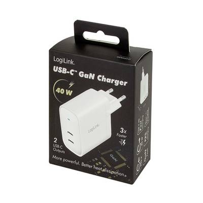 USB-C GaN Charger by LogiLink in black packaging. Printed text: '40 W', '3x faster', '2 USB-C outputs', 'Improved heat dissipation'.