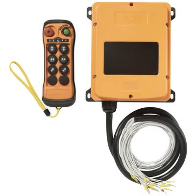'Radio remote control and receiver: Orange controller with buttons and associated wiring. Used for controlling devices.'
