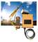 A crane is lifting a large container in the air. In the foreground, an orange remote control and a control unit are depicted.