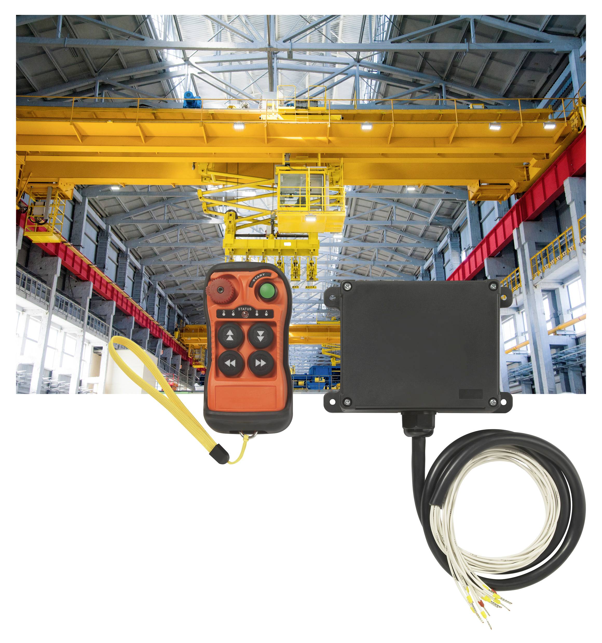 'Radio control for industrial cranes: Yellow crane system in a large hall, control unit and receiver in the foreground.'