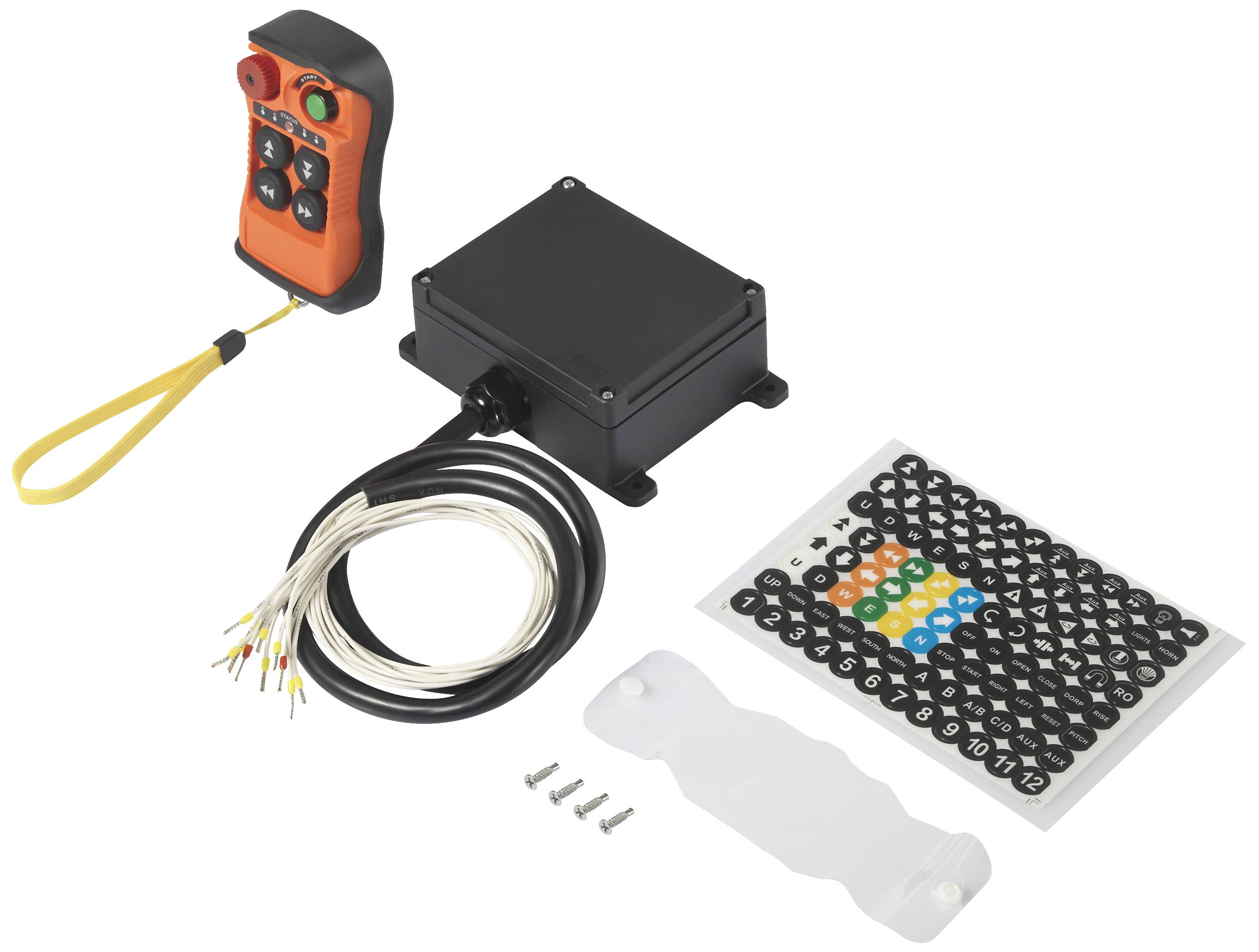 Remote control set with receiver box, cables, label sheet, screws, and protective cover. Primarily for electronic devices.