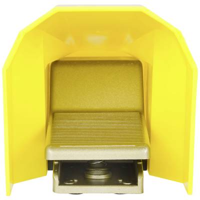 A yellow foot switch with a protective cover, ready for operation.