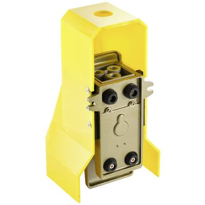 A yellow, rectangular electrical enclosure with mounting brackets and openings, suitable for industrial applications.
