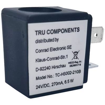 Black rectangular coil with label: 'TRU COMPONENTS, 24V/DC, 270mA, 6.5W'; distributed by Conrad Electronic SE.